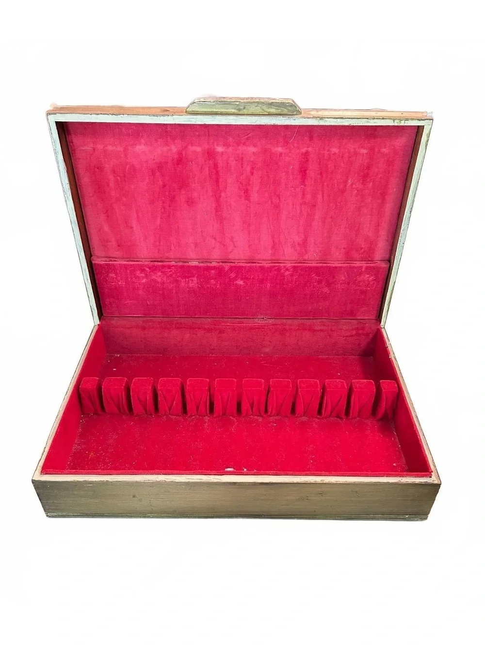 Ornate Wooden Vintage 1944 Silverware Chest with Red Velvet Interior